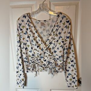 Butterfly Print Surplice Long Sleeve Top